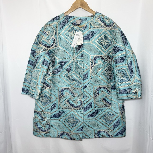 Chico's Mosaic Print Topper Jacket Sz 3 US 16/18 Turquoise Metallic Jacquard - Picture 1 of 7